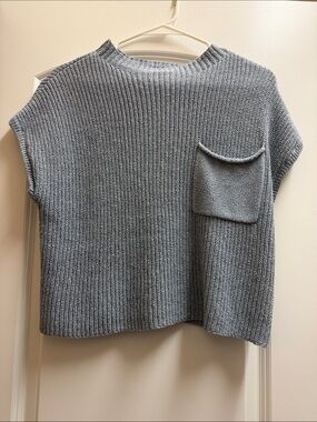 Boxy Crewneck Sweater Top in Dusty Blue with Patch Pocket